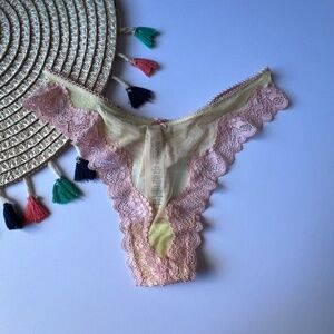 Victoria's Secret Tease Mesh Lace-Trim High-Leg Thong Panty Yellow/ Pink XL NEW